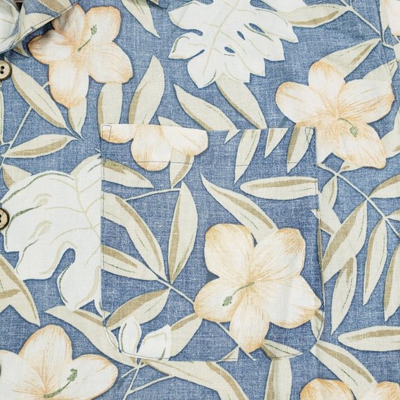 OP Ocean Pacific Hawaiian Short Sleeve Button Up Shirt Mens L Floral Blue Peach - Picture 8 of 10